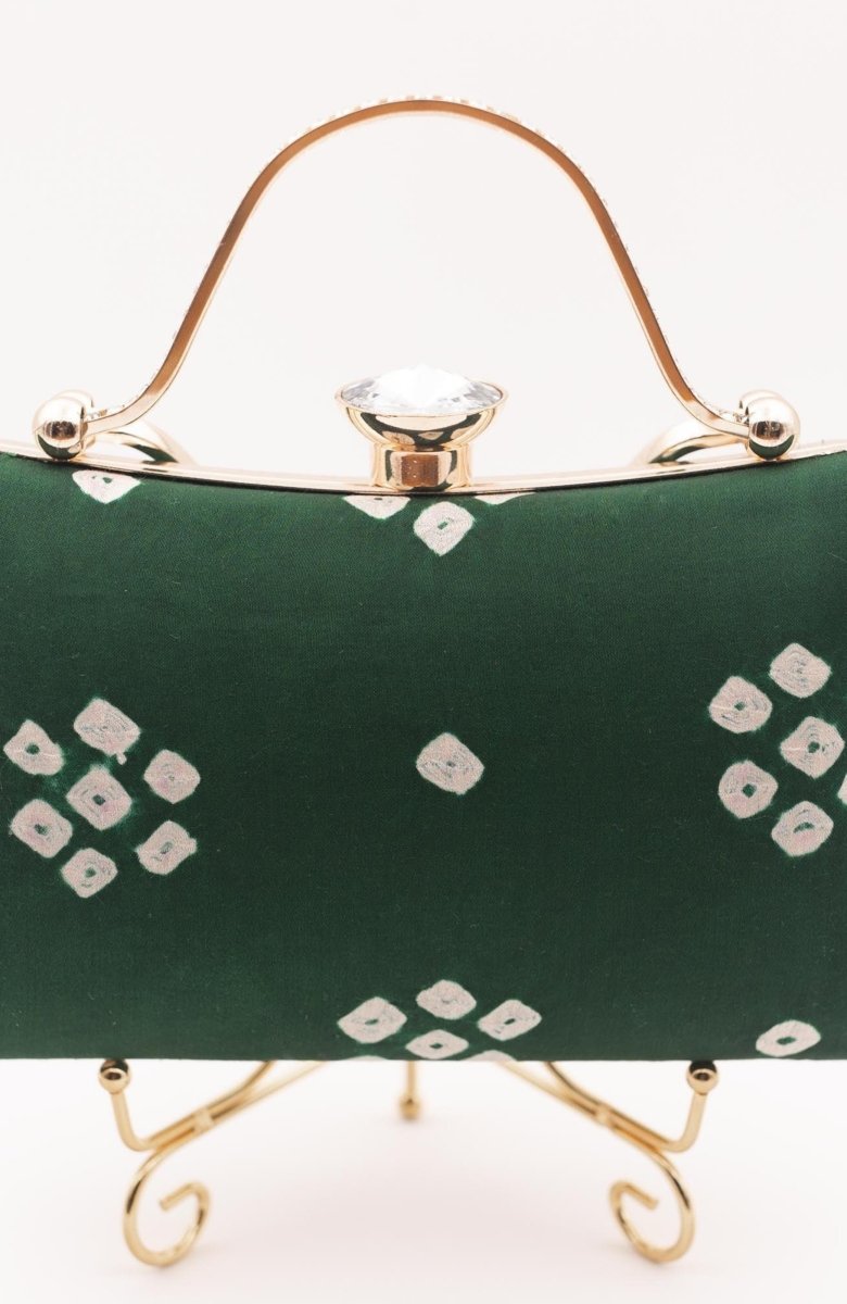 Green Bandhej Silk Bia Clutch with Crystal Closure BAGS RAAS