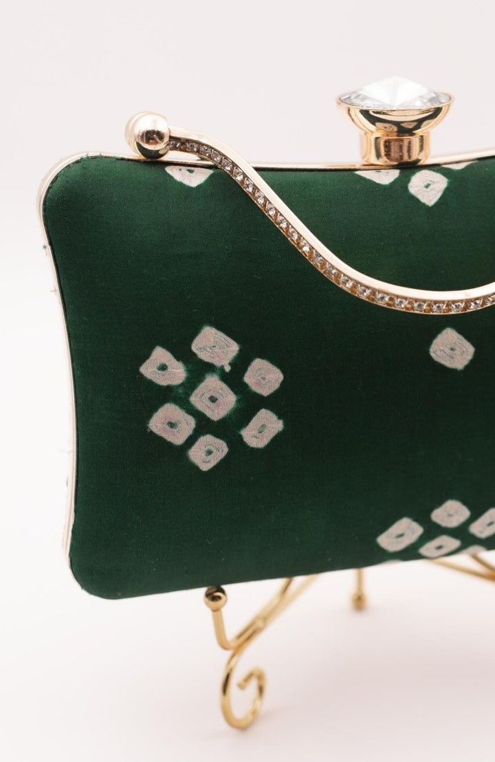 Green Bandhej Silk Bia Clutch with Crystal Closure BAGS RAAS