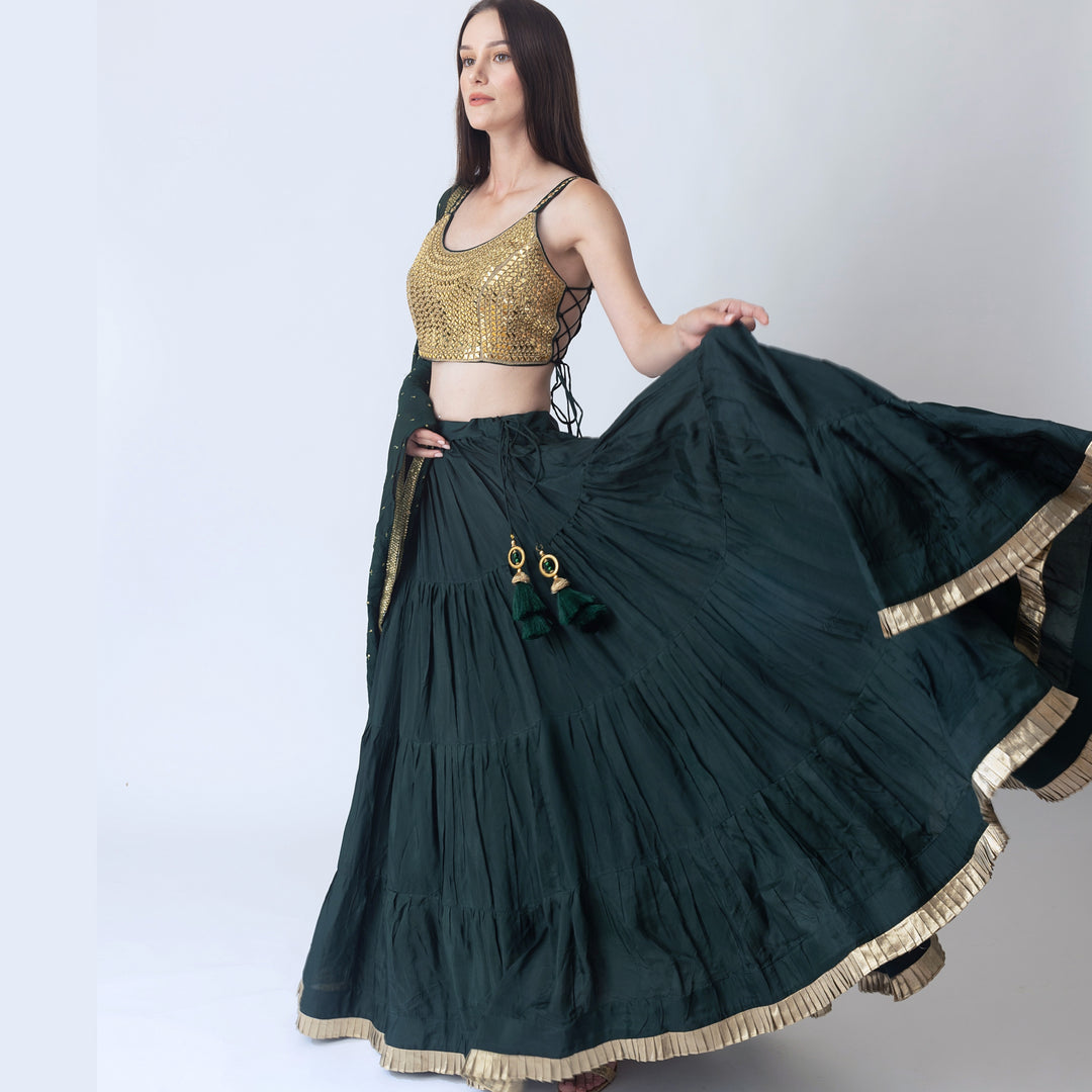 Camila Green and Gold Lehenga Choli Set with Mirror Work Blouse