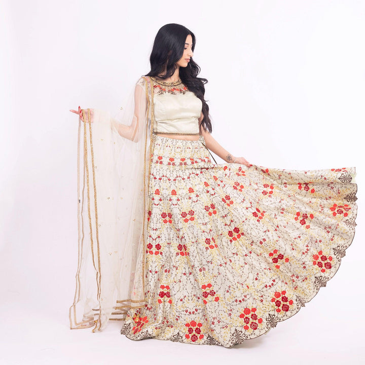 Grey Lehenga Choli Set with Embroidery - Raas