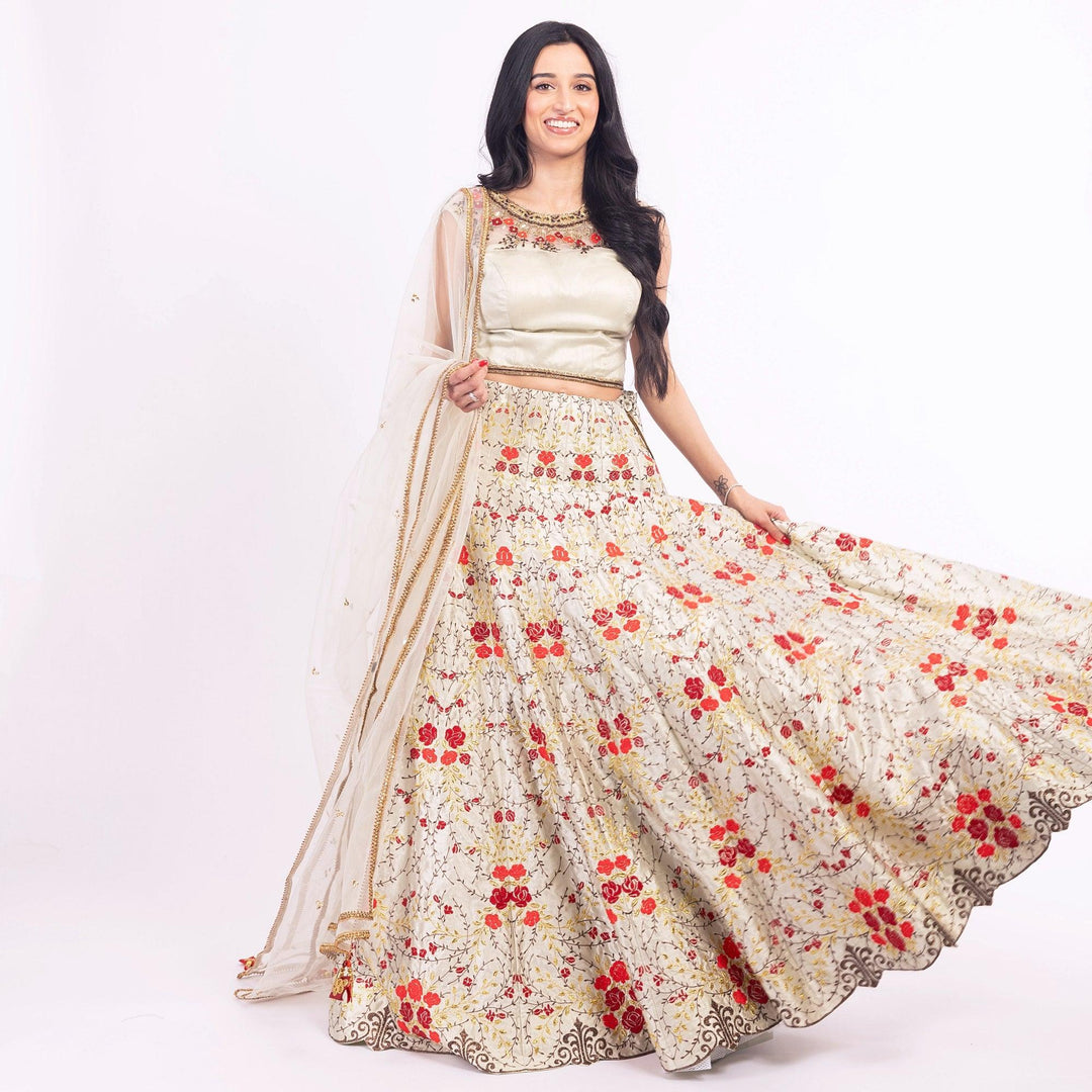 Grey Lehenga Choli Set with Embroidery - Raas