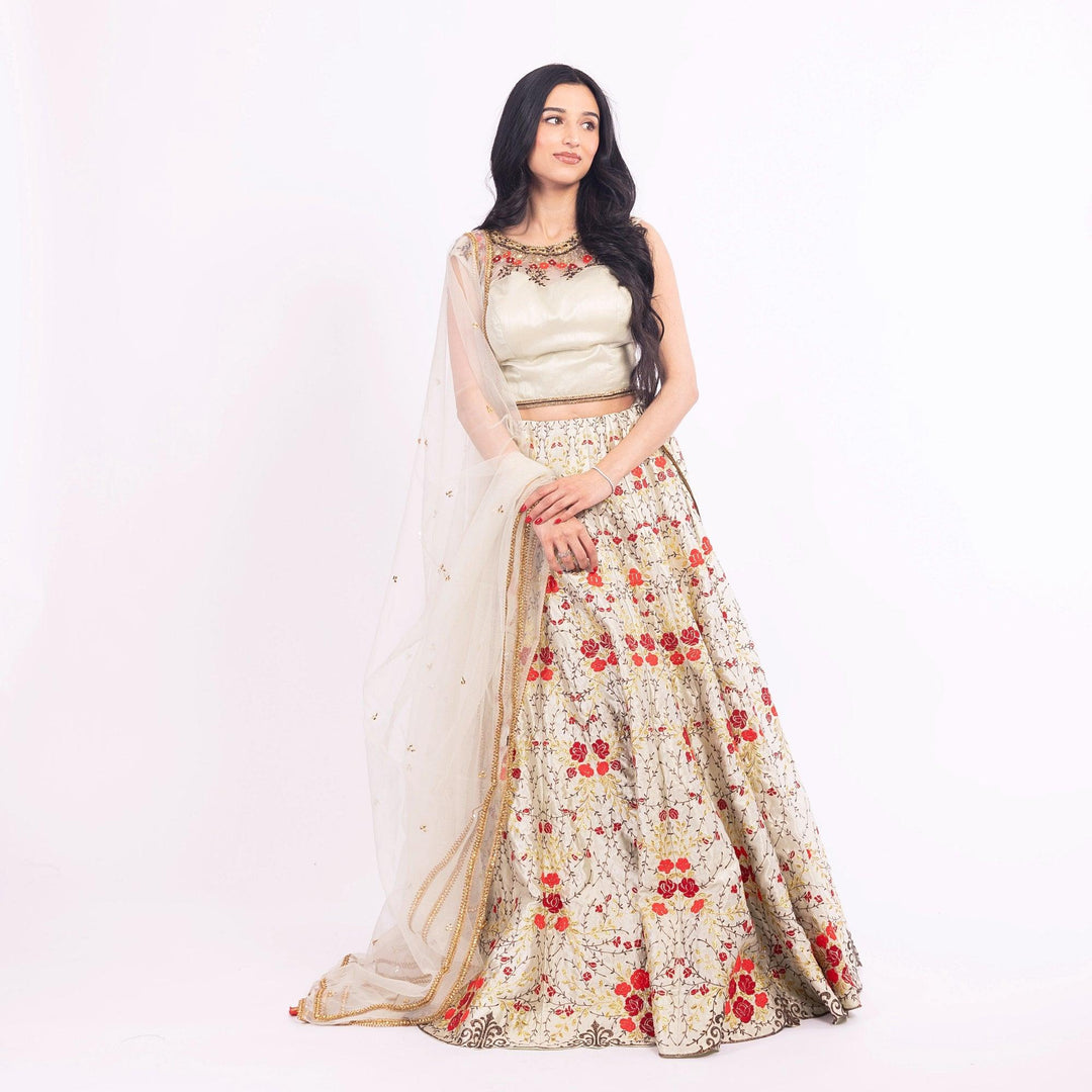 Grey Lehenga Choli Set with Embroidery - Raas