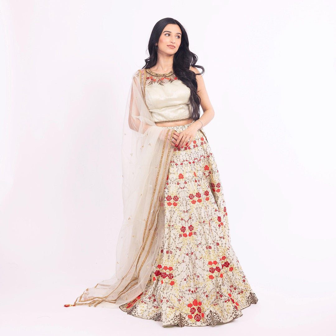 Grey Lehenga Choli Set with Embroidery - Raas