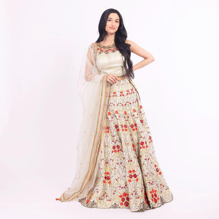 Grey Lehenga Choli Set with Embroidery - Raas