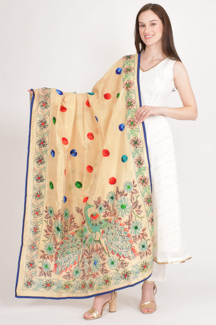 Isha Beige Embroidered Dupatta - Raas