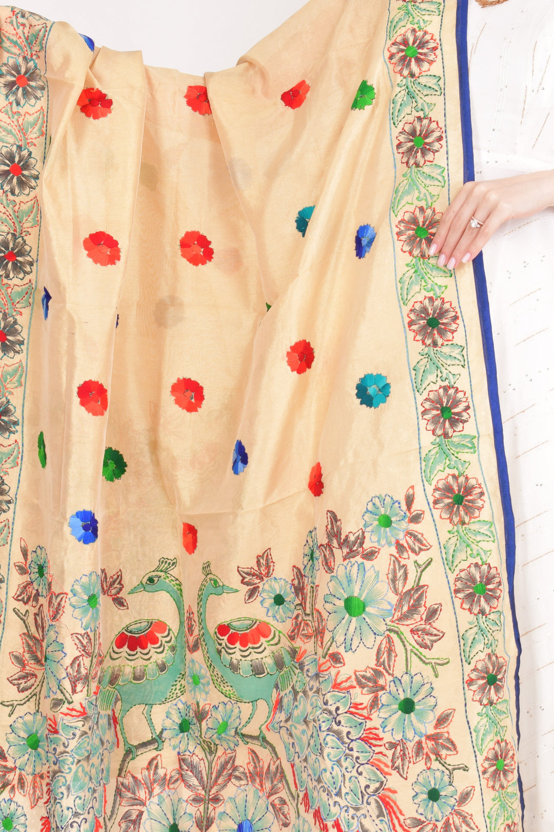 Isha Beige Embroidered Dupatta - Raas