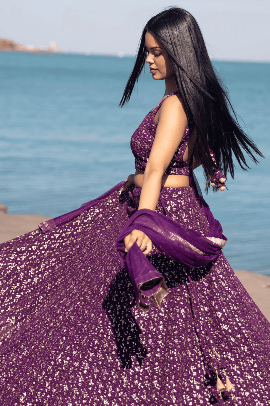 Jaden Wine Sequins Lehenga Choli Set - Raas