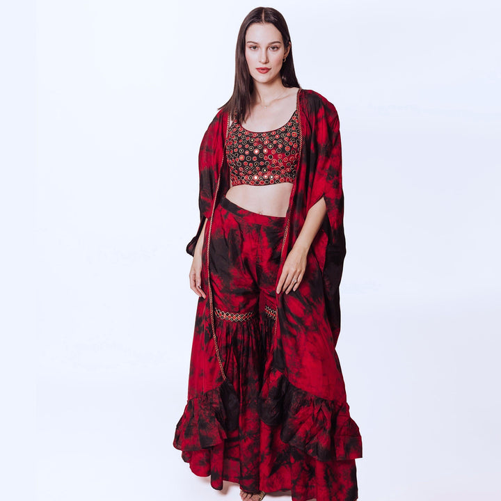 Juliana Hand Tie Dye Palazzo Pantsuit with Hand Embroidered Blouse - Raas