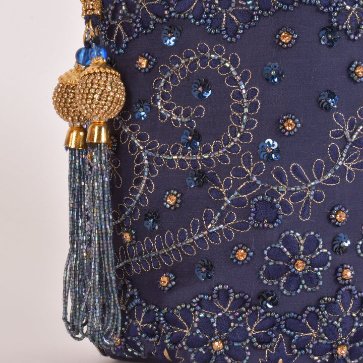June Blue & Gold Embroidered Bucket Bag - Raas