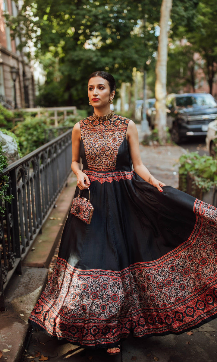 Kamila High Neck Long Dress with Hand Embroidery - Raas