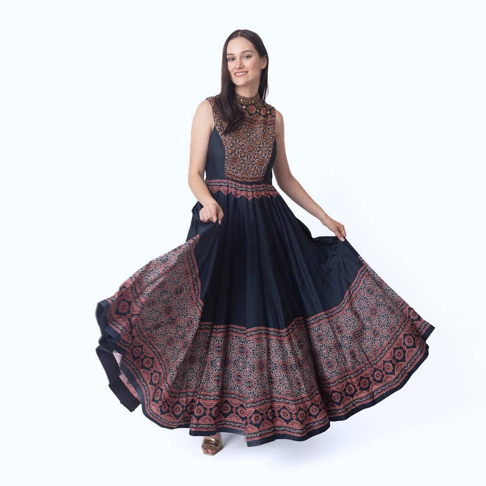 Kamila High Neck Long Dress with Hand Embroidery - Raas