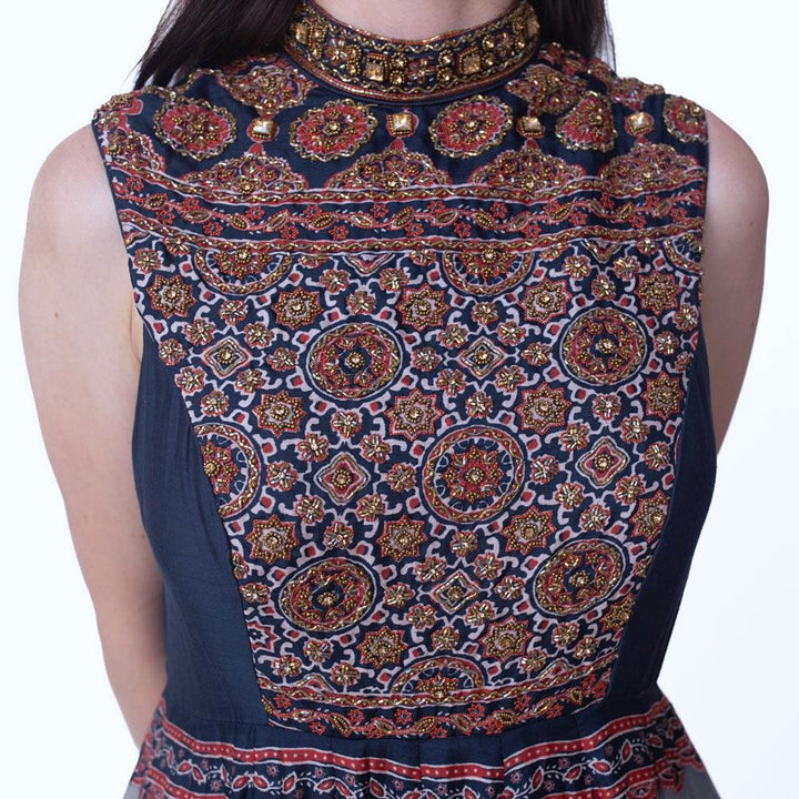 Kamila High Neck Long Dress with Hand Embroidery - Raas