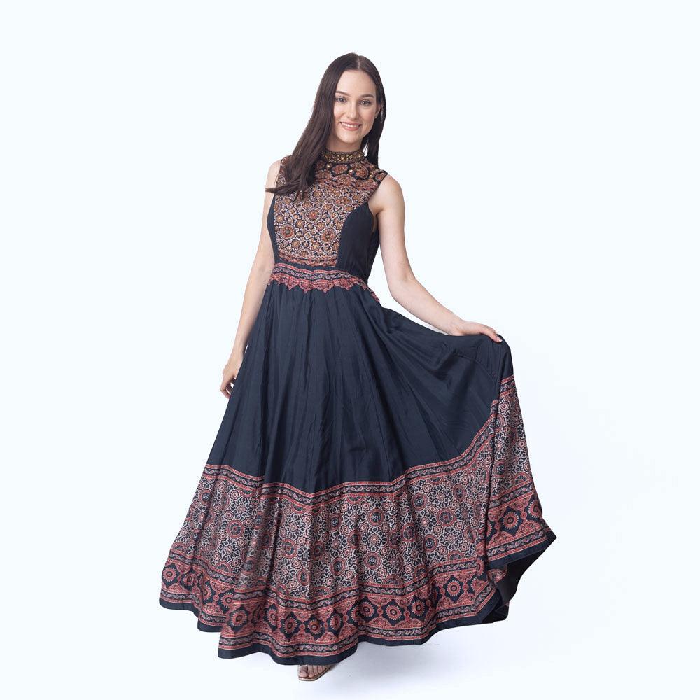 Kamila High Neck Long Dress with Hand Embroidery - Raas