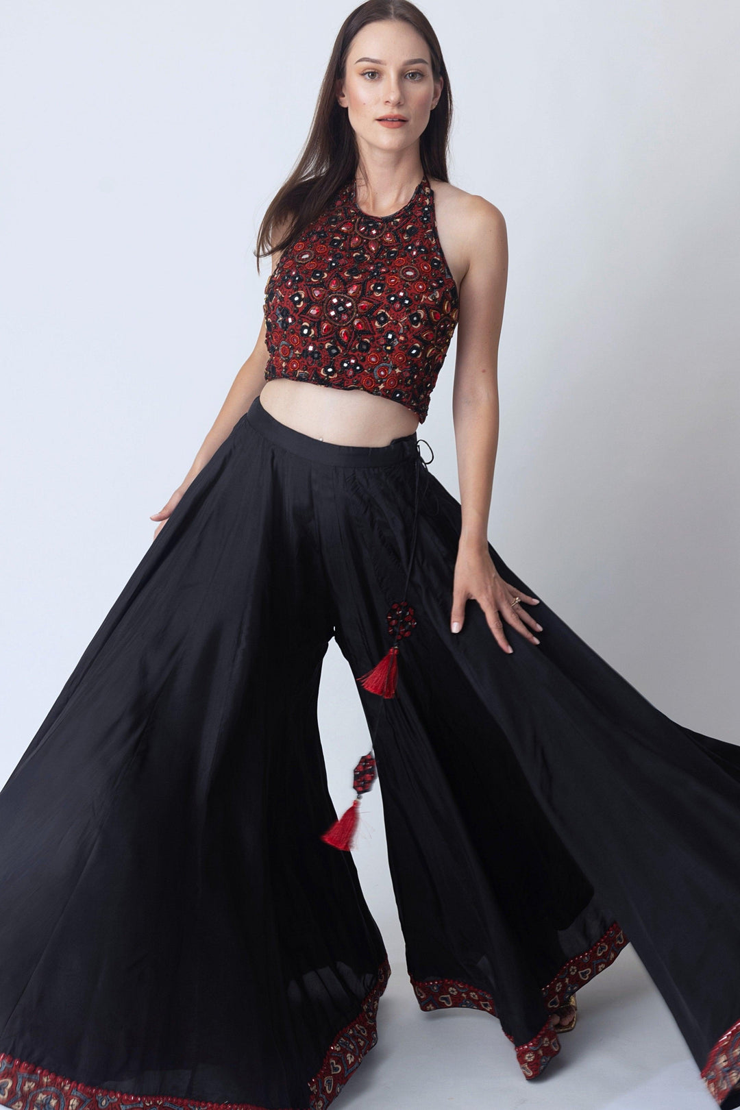 Kana Full Flare Palazzo Pants with Hand Embroidered Blouse - Raas
