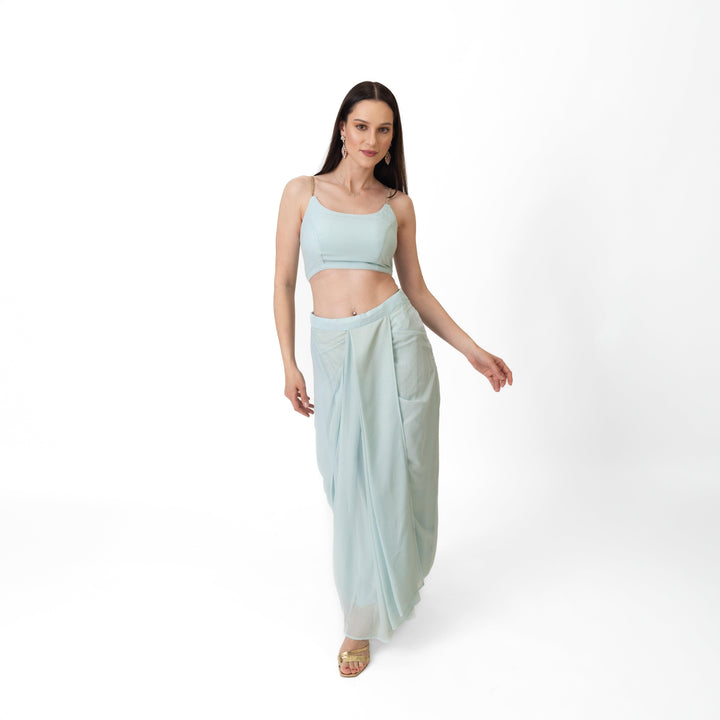 Kiya Sky Blue Shimmer Drape Skirt Set - Raas