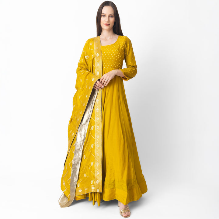 Landau Yellow Dress with Mirror Embroidery - Raas