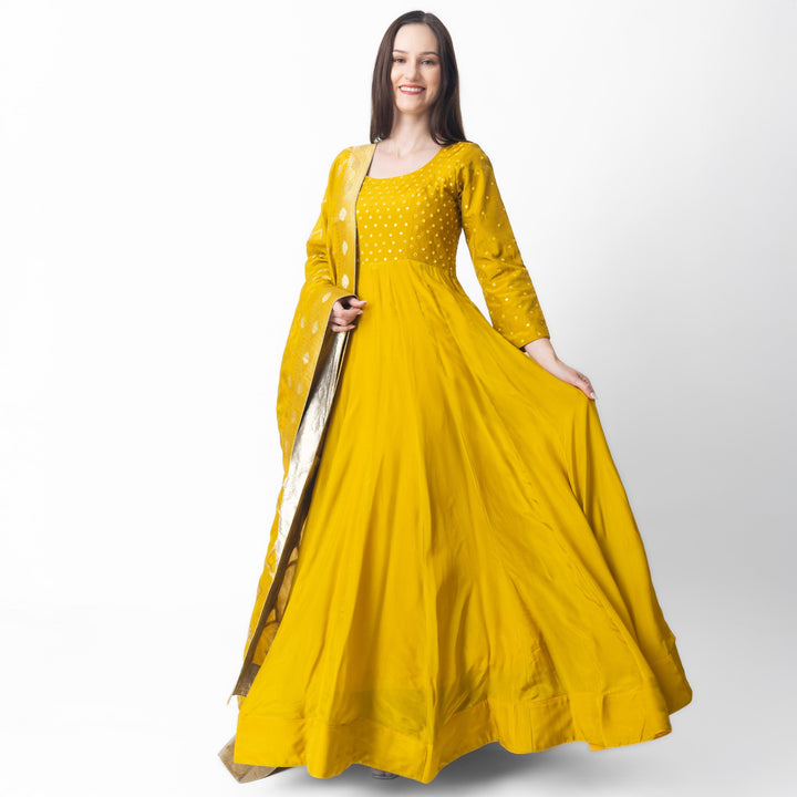 Landau Yellow Dress with Mirror Embroidery - Raas