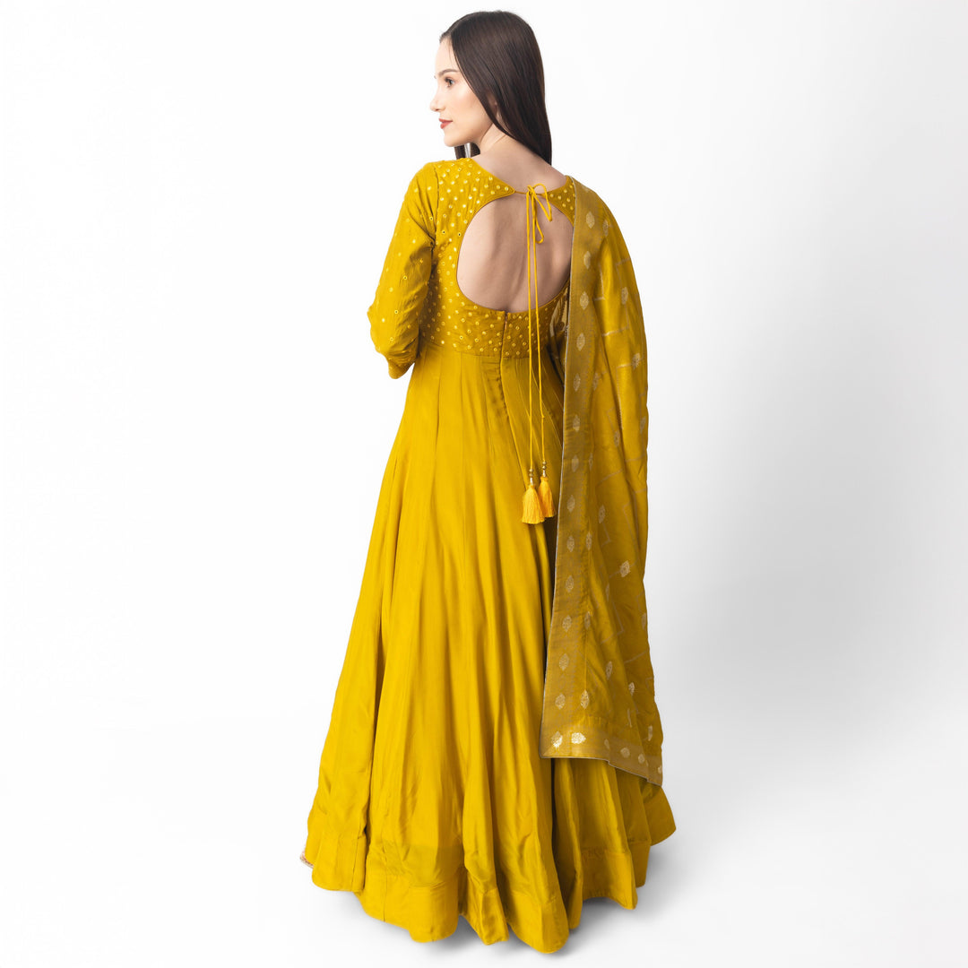 Landau Yellow Dress with Mirror Embroidery - Raas