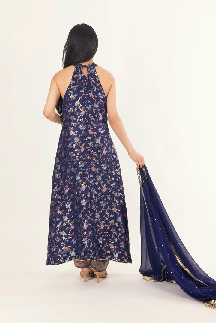 Lazuli Blue Banarasi Silk Salwar Kameez Set with Halter Neck - Raas
