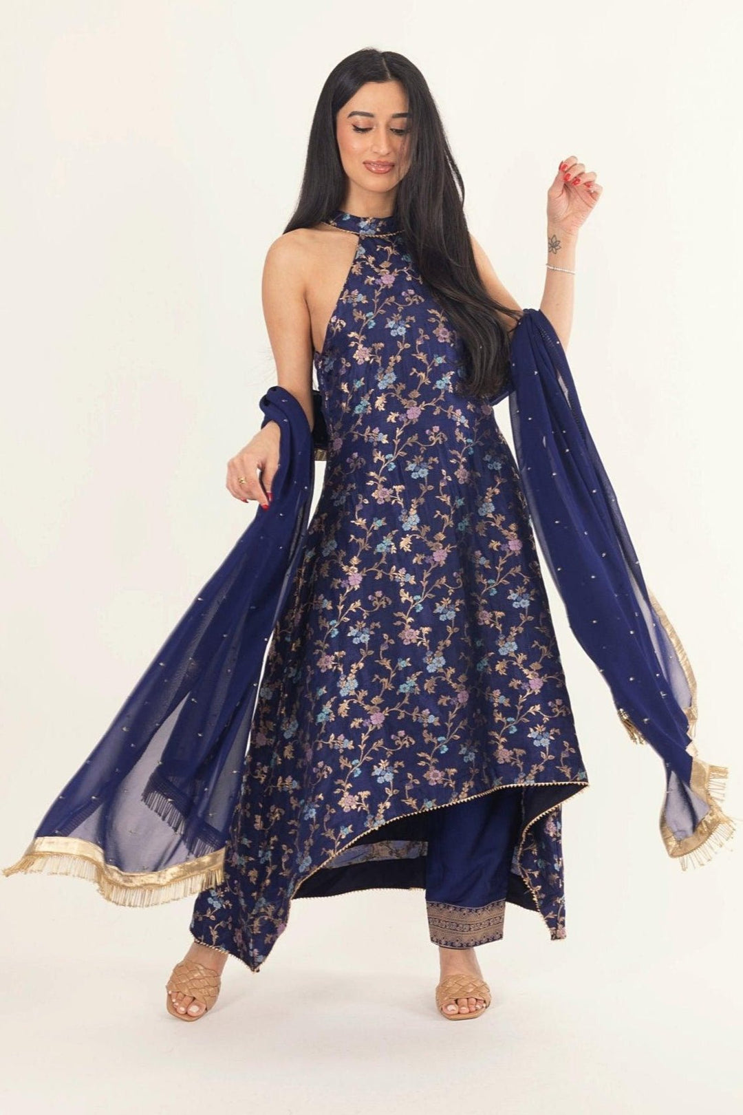 Lazuli Blue Banarasi Silk Salwar Kameez Set with Halter Neck - Raas