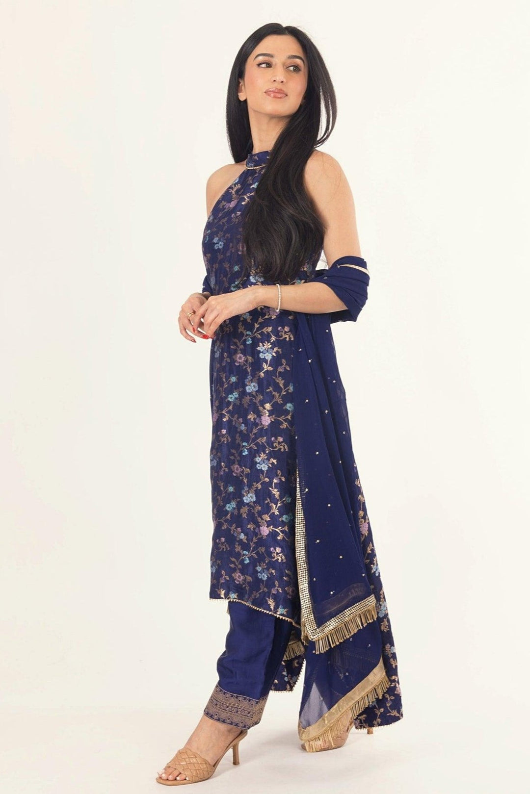 Lazuli Blue Banarasi Silk Salwar Kameez Set with Halter Neck - Raas