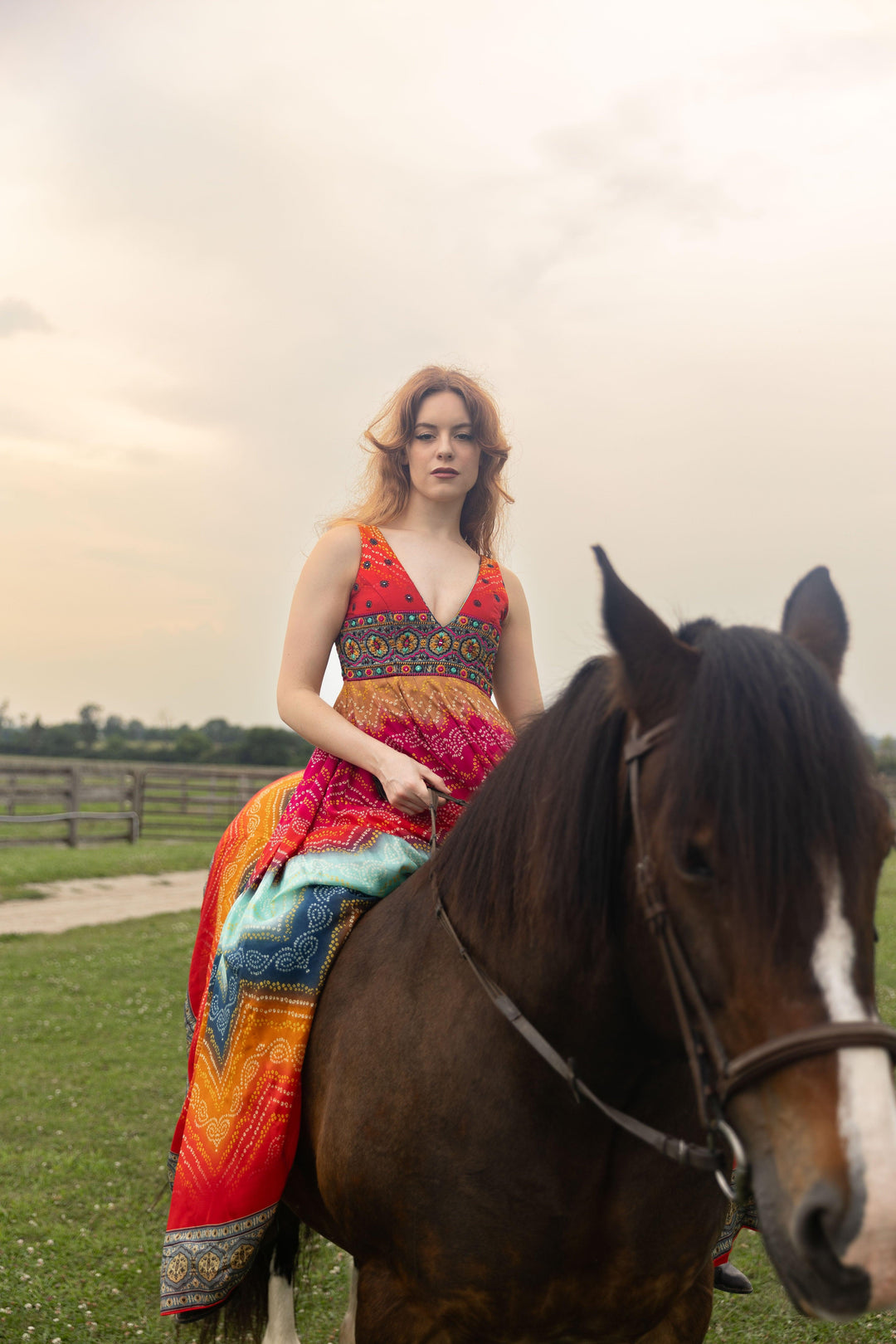Leandra Long Dress with Bandhani Print - Raas