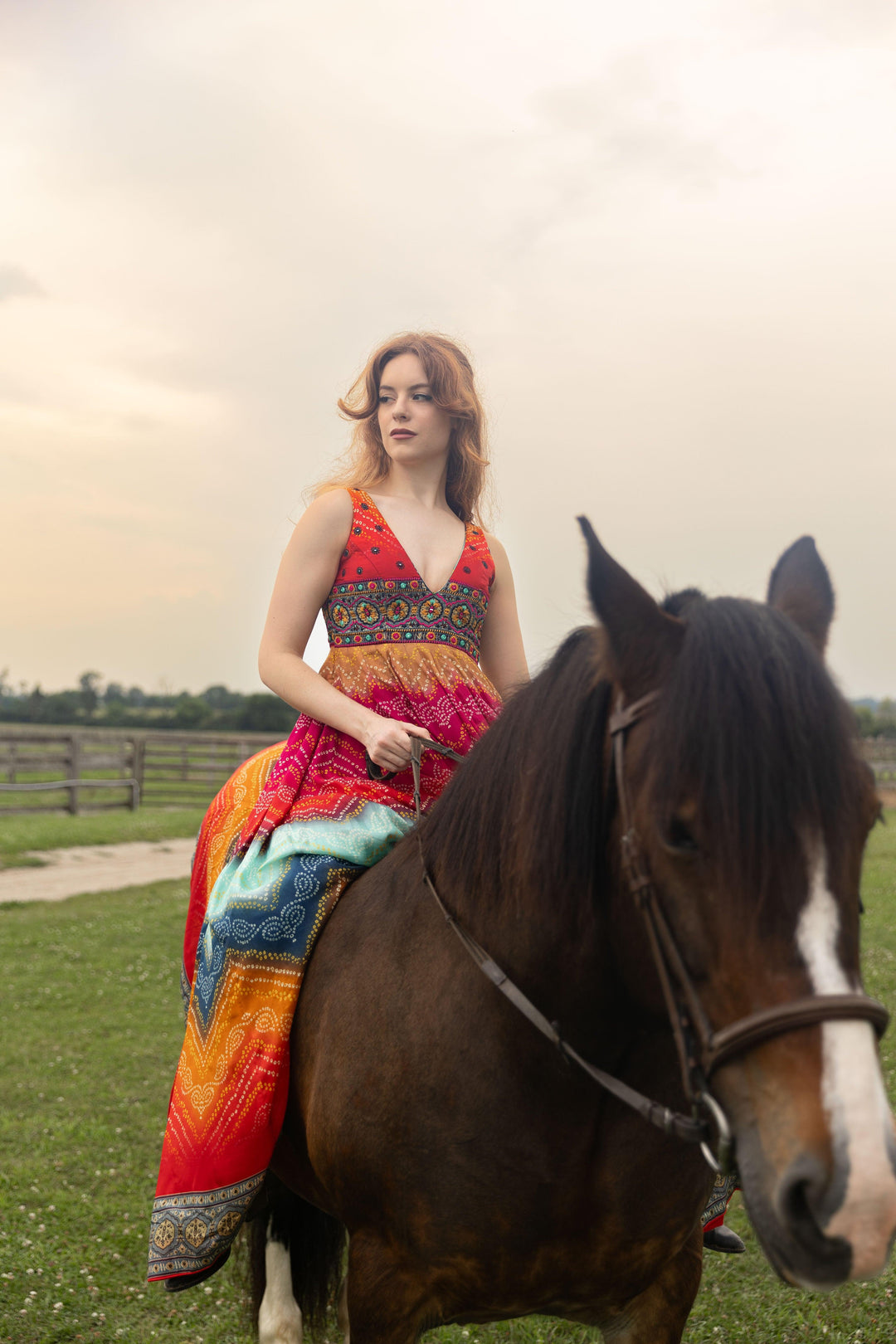 Leandra Long Dress with Bandhani Print - Raas