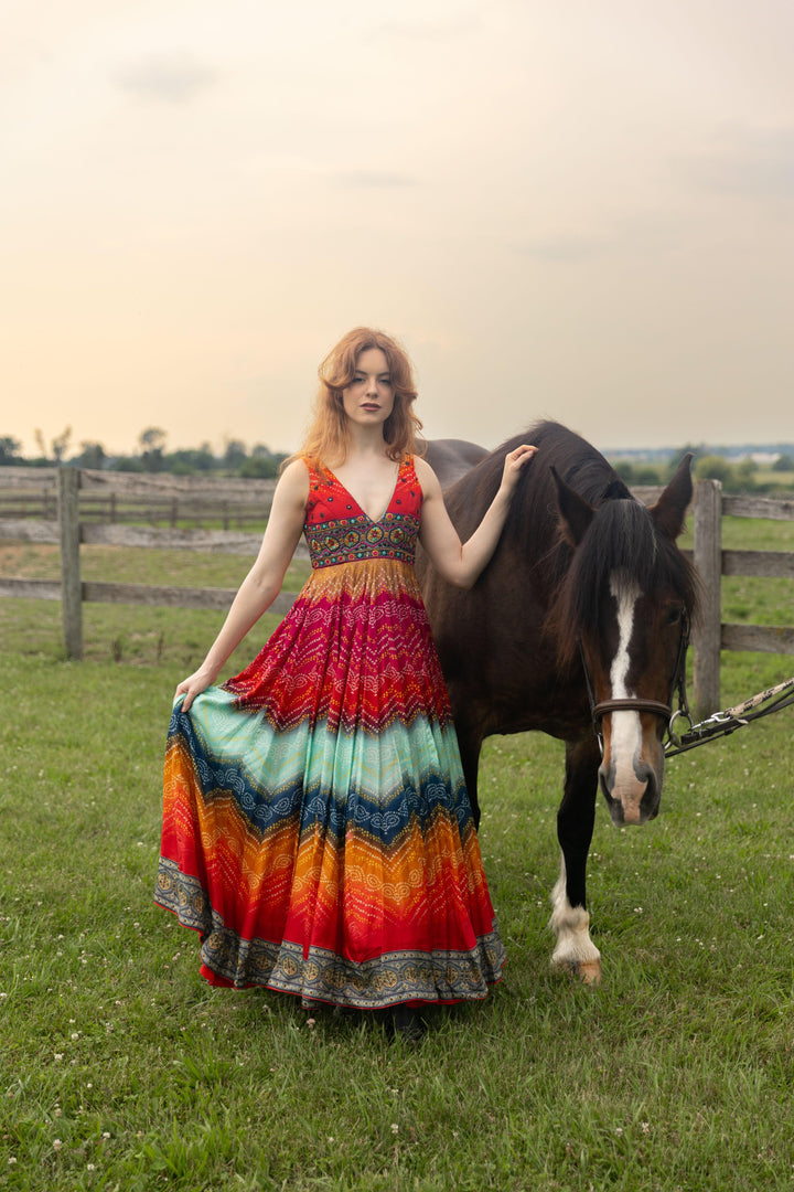 Leandra Long Dress with Bandhani Print - Raas