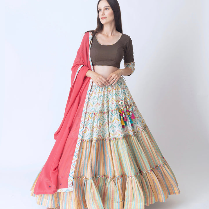 Multi color tiered Chaniya Choli