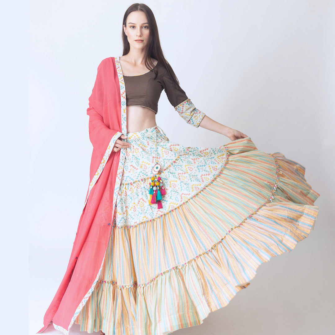 Multi color tiered Chaniya Choli