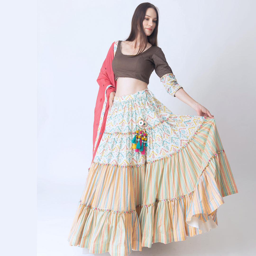 Multi color tiered Chaniya Choli