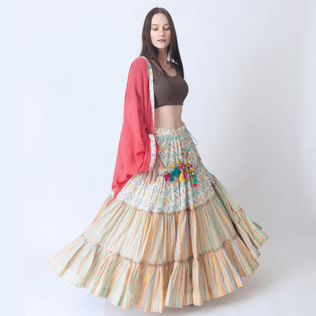 Multi color tiered Chaniya Choli