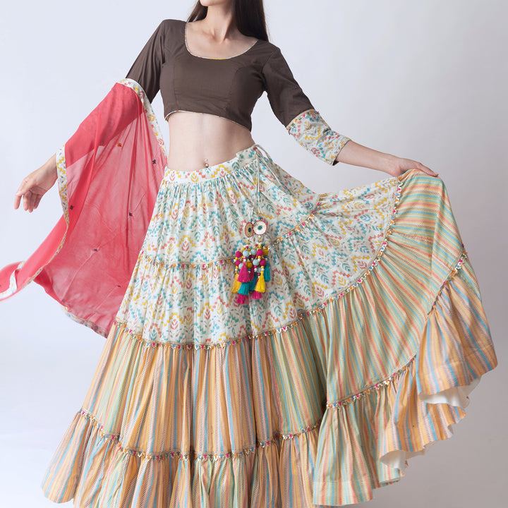 Multi color tiered Chaniya Choli