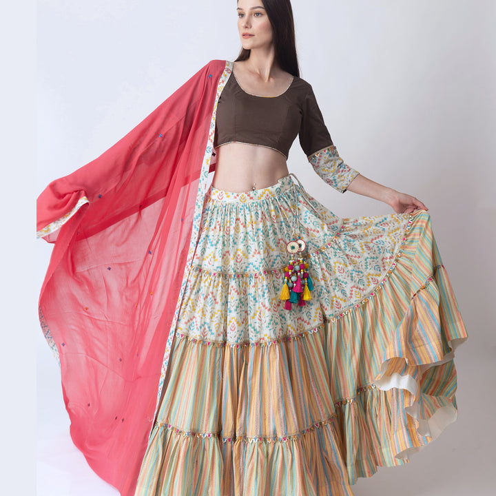 Multi color tiered Chaniya Choli