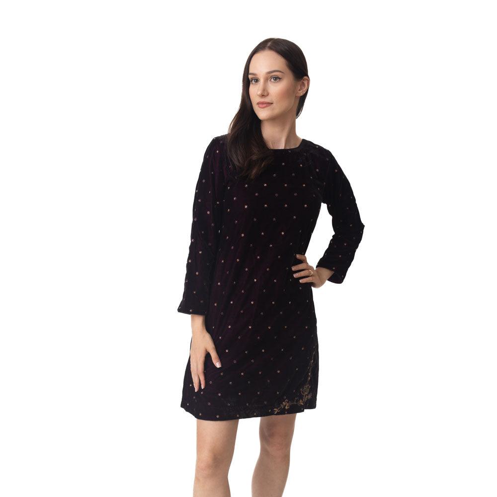 Lica Wine Velvet Dress with Hand Embroidery - Raas
