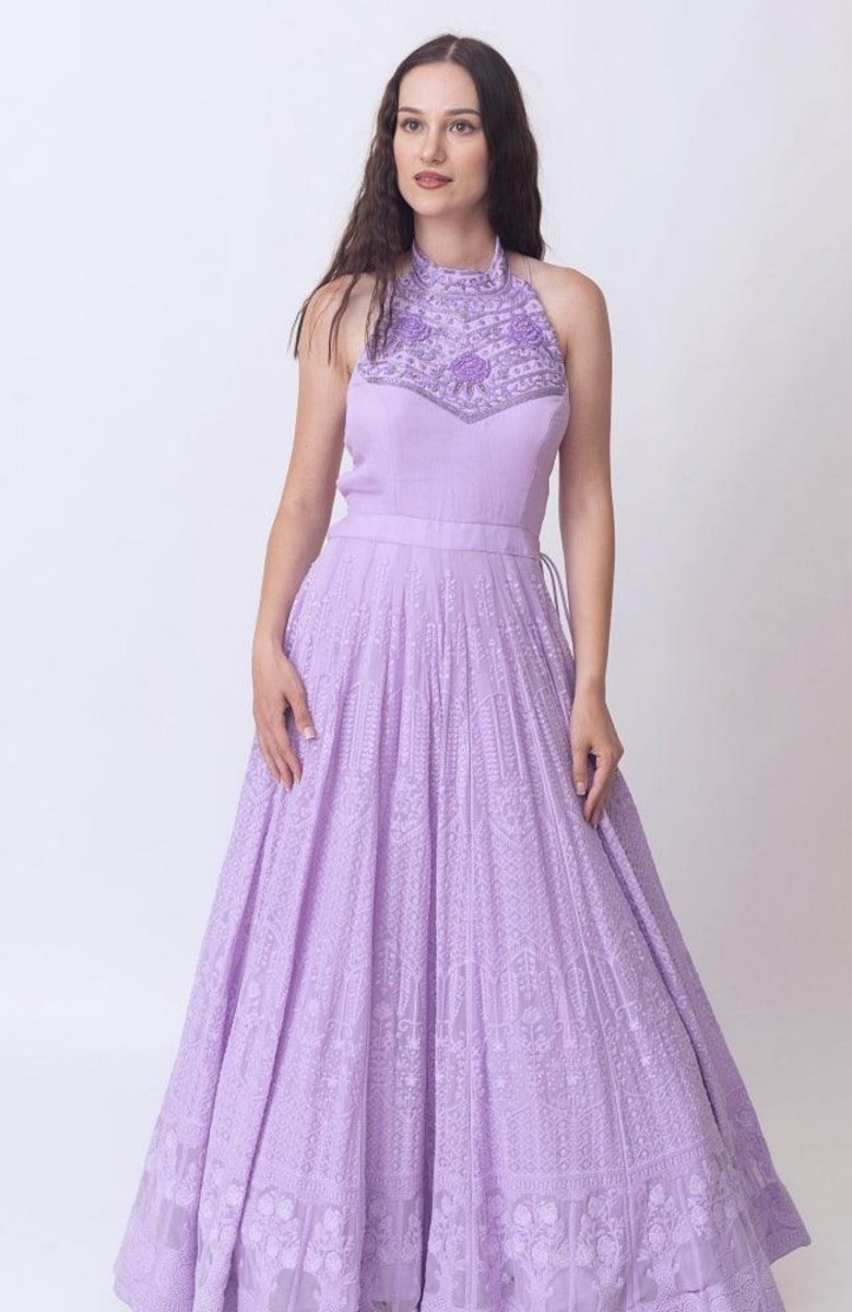 Lilac Embroidered High Neck Gown dresses RAAS