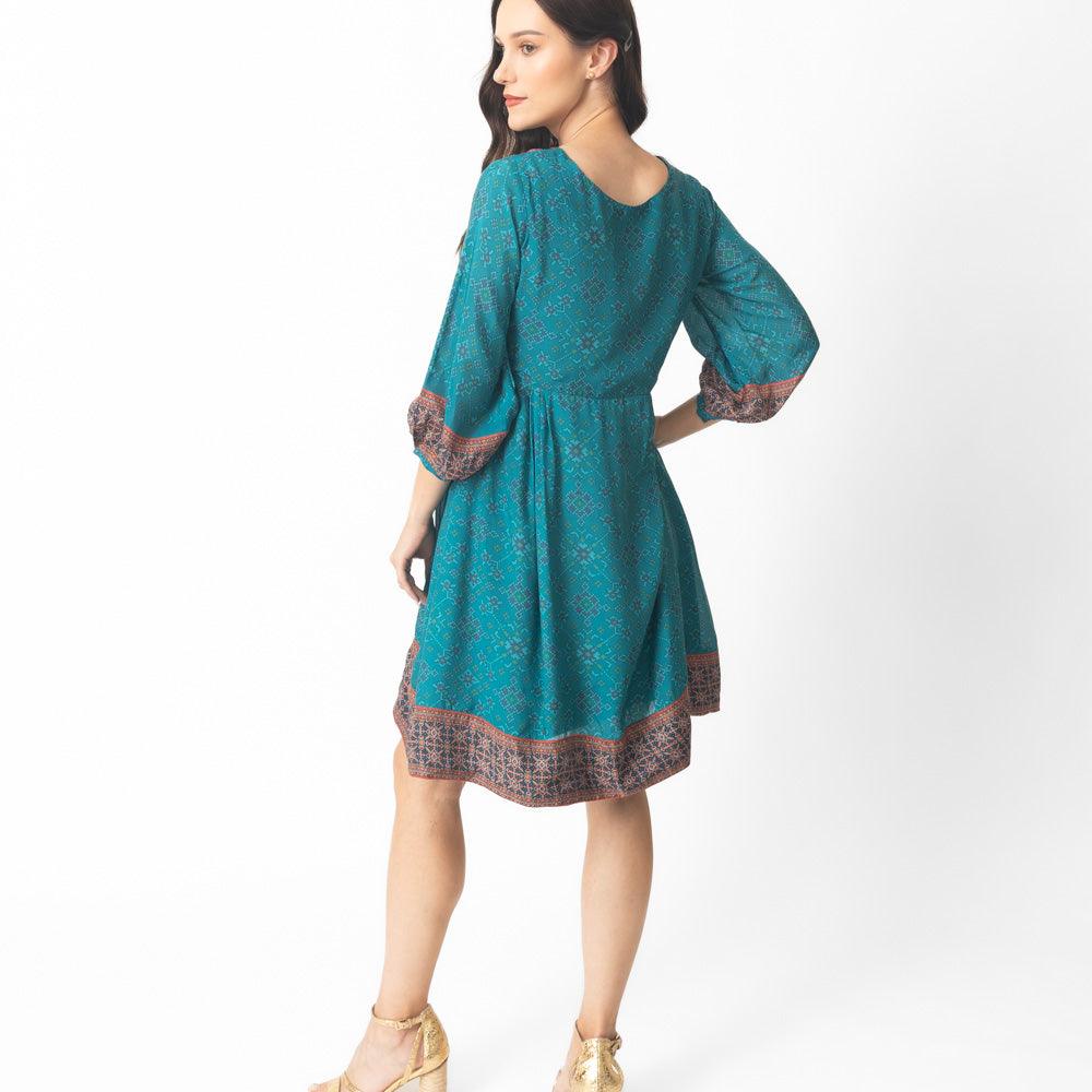 Livia Aqua Short Dress with Patola Print - Raas