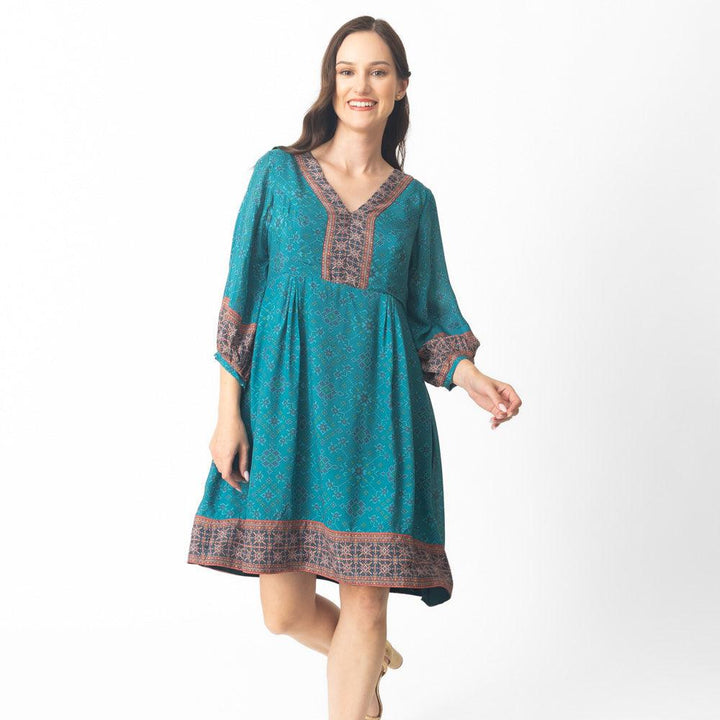 Livia Aqua Short Dress with Patola Print - Raas