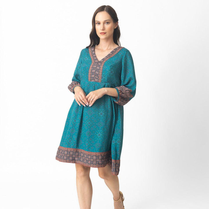 Livia Aqua Short Dress with Patola Print - Raas