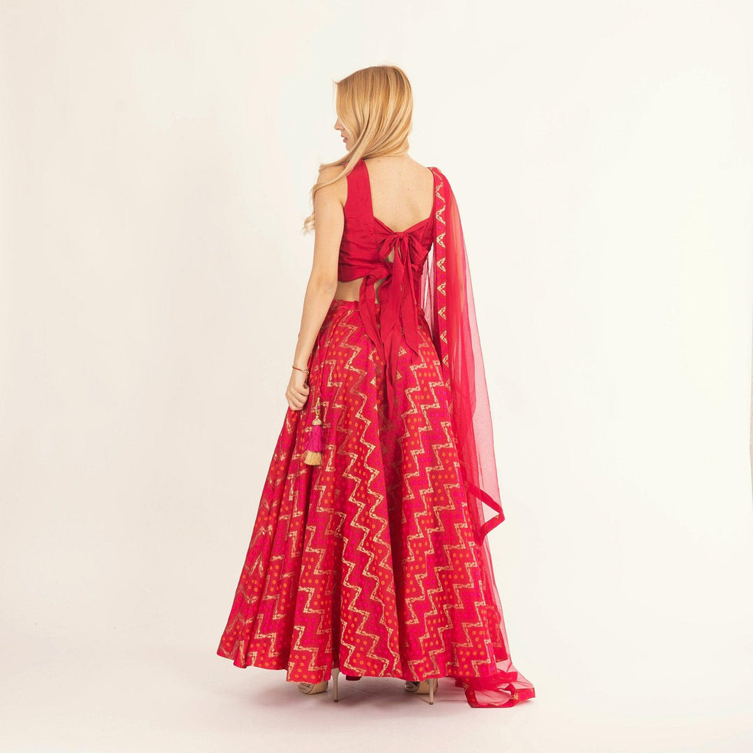 Lumi Red Chaniya Choli with Tie-Back Blouse - Raas