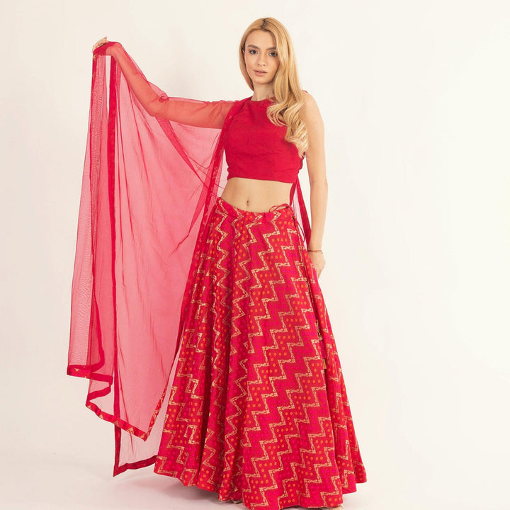 Lumi Red Chaniya Choli with Tie-Back Blouse - Raas