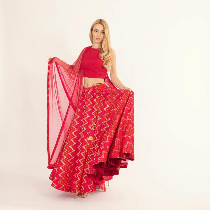 Lumi Red Chaniya Choli with Tie-Back Blouse - Raas