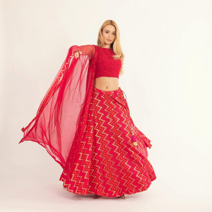 Lumi Red Chaniya Choli with Tie-Back Blouse - Raas