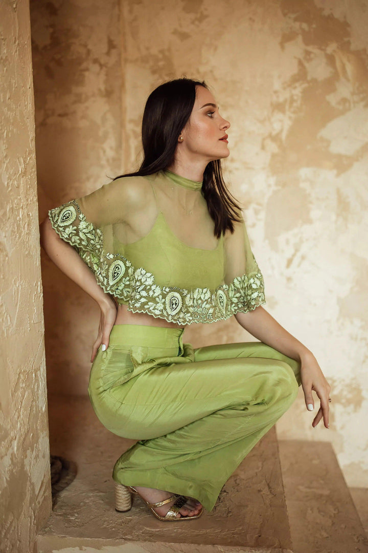 Mable Green Pant Set with Embroidered Cape Drape - Raas