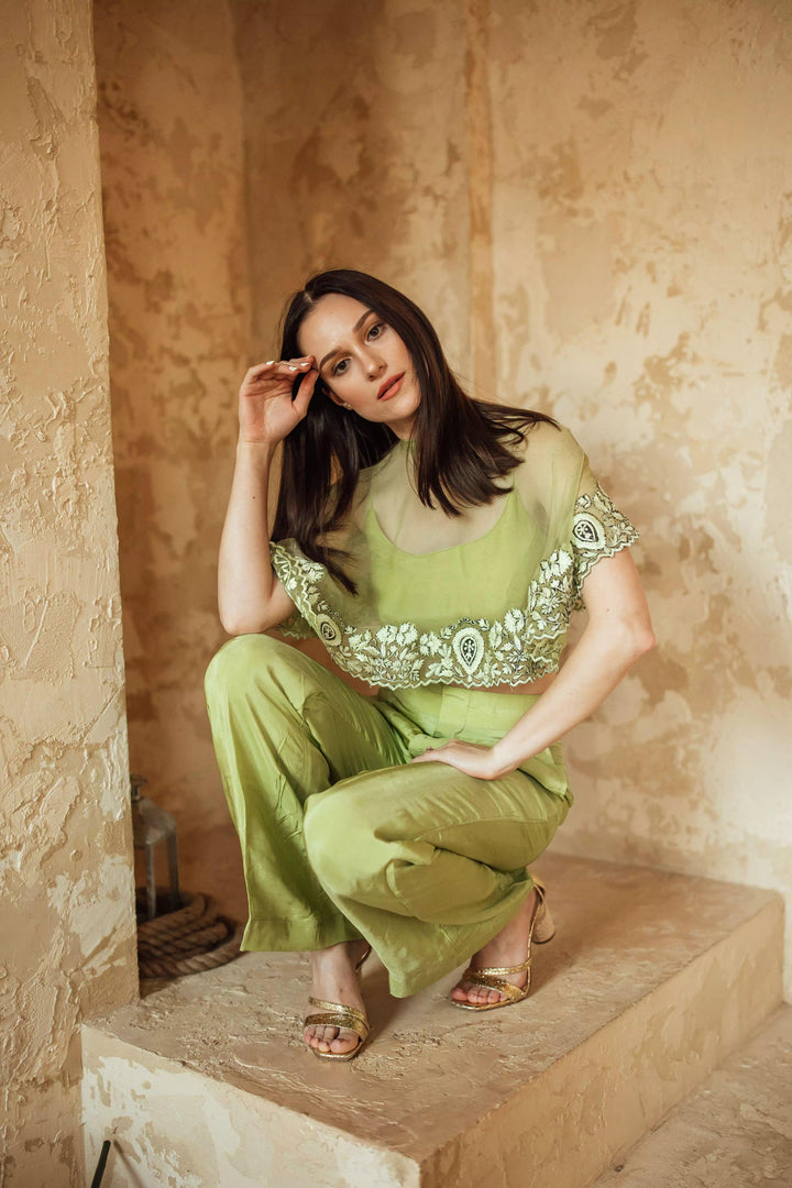 Mable Green Pant Set with Embroidered Cape Drape - Raas