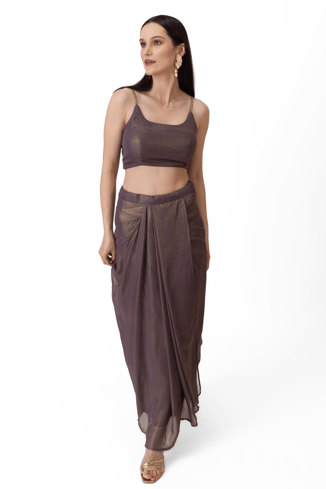 Manisha Brownish Purple Shimmer Drape Skirt Set - Raas