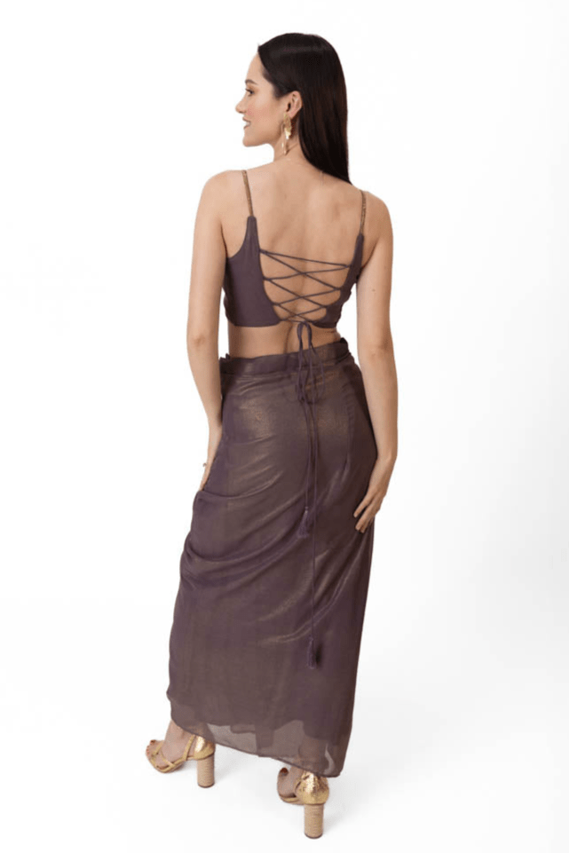 Manisha Brownish Purple Shimmer Drape Skirt Set - Raas