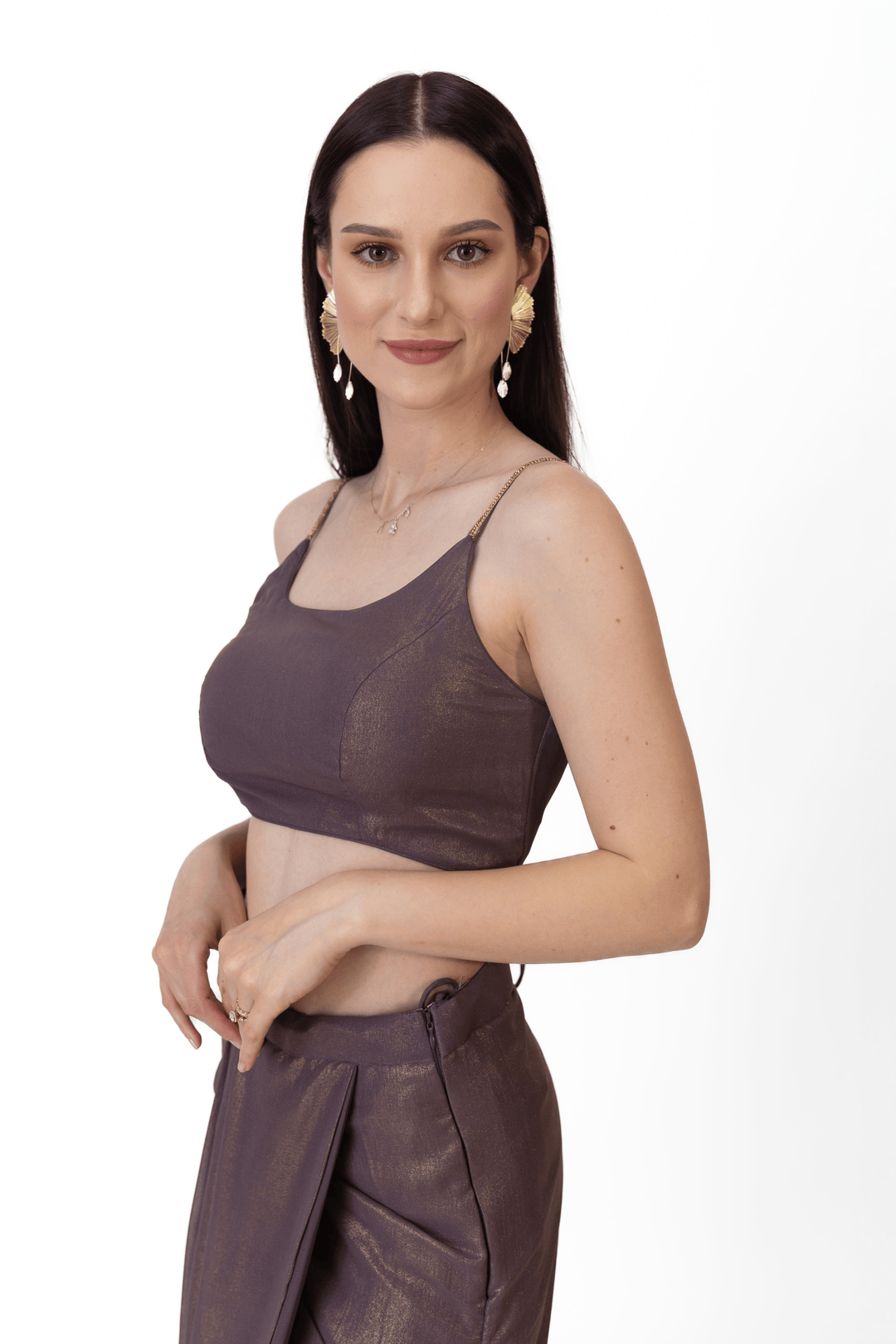 Manisha Brownish Purple Shimmer Drape Skirt Set - Raas
