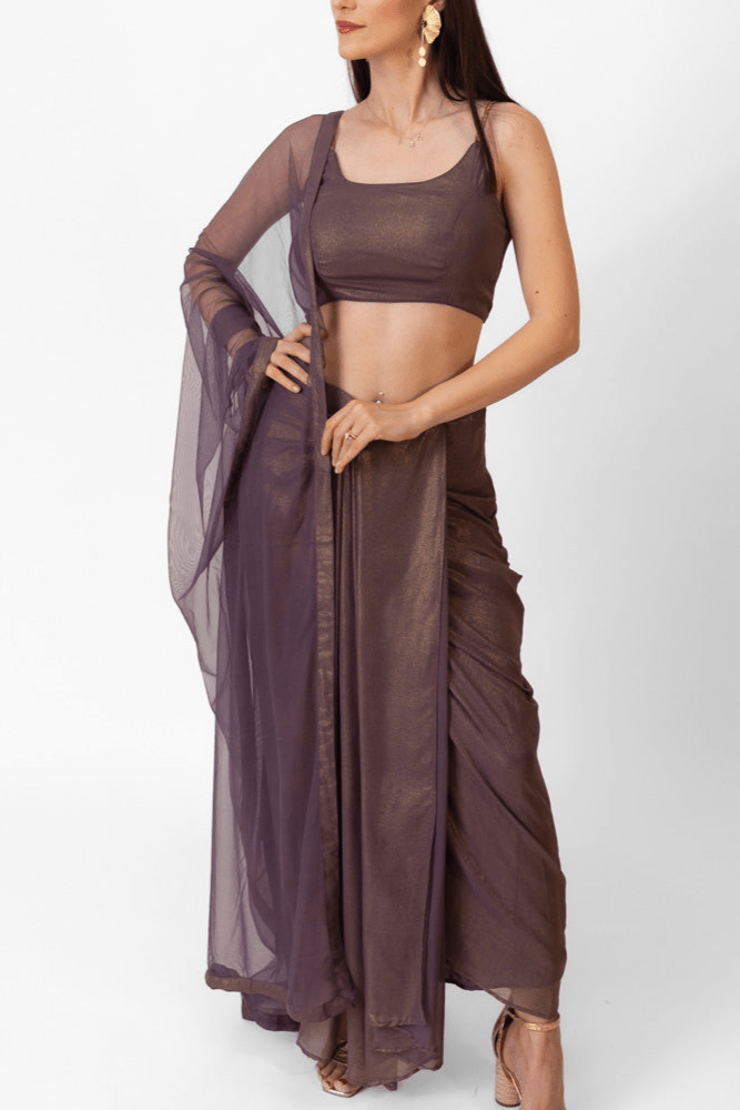 Manisha Brownish Purple Shimmer Drape Skirt Set - Raas