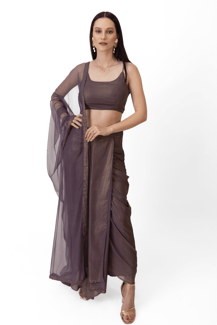 Manisha Brownish Purple Shimmer Drape Skirt Set - Raas
